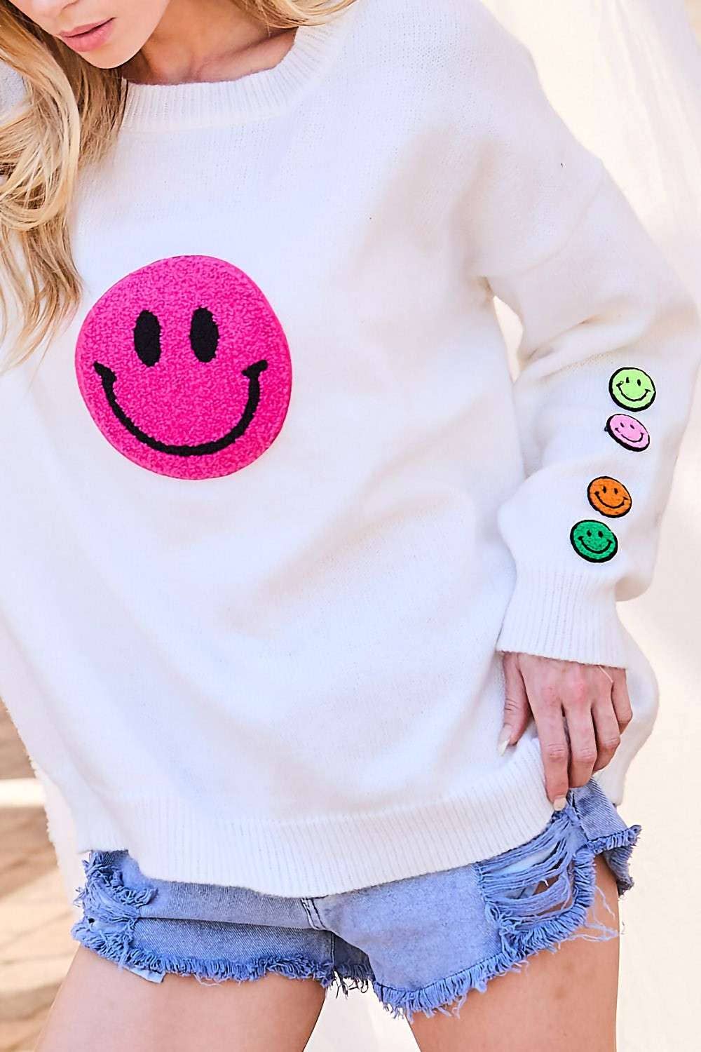 Round Neck Happy Face Patch Oversize Sweater