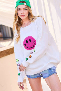 Image of Round Neck Happy Face Patch Oversize Sweater