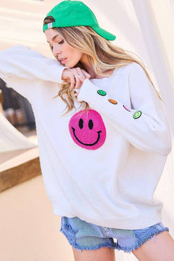 Image of Round Neck Happy Face Patch Oversize Sweater