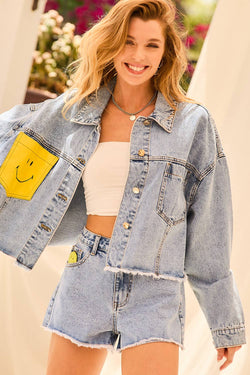 Image of Happy Face Print Pocket Denim Crop Jacket