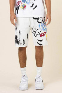 FLOWER&CHECK FABRIC  PATCHWORKED GRAPHIC SHORTS