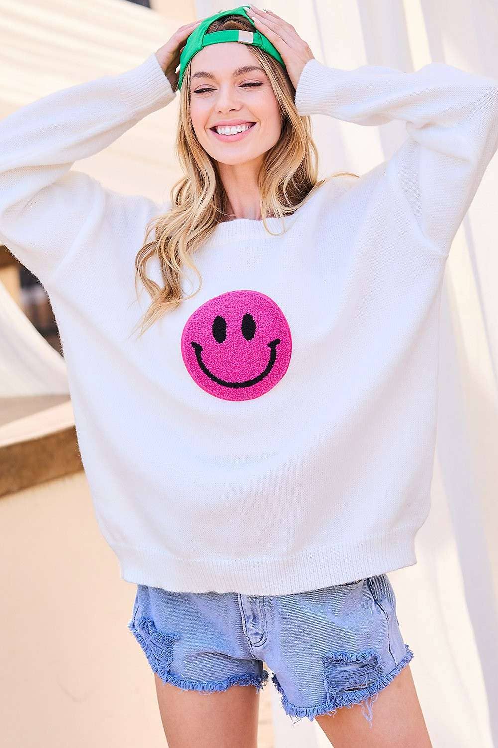 Round Neck Happy Face Patch Oversize Sweater