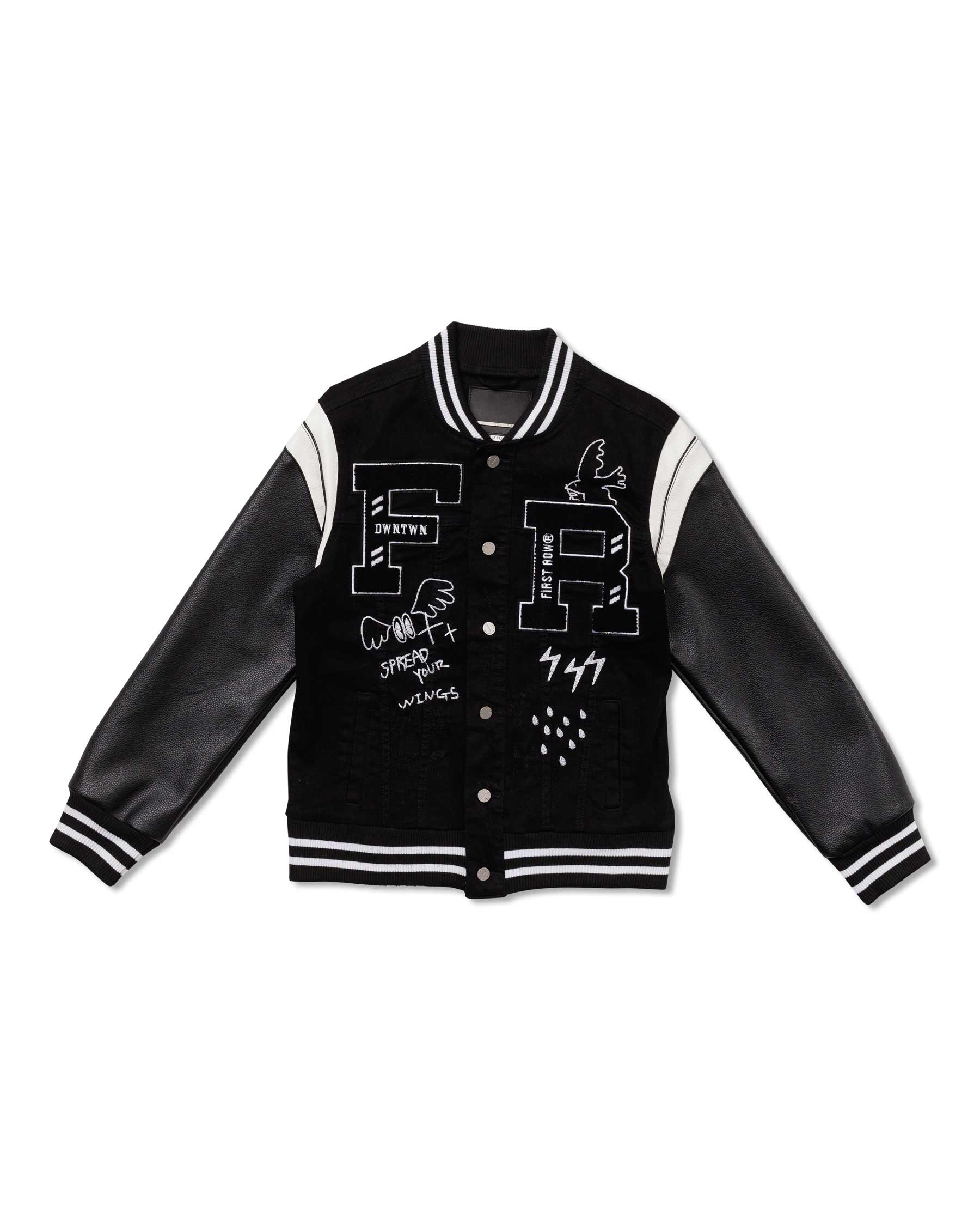 MULTI PATCH  VARSITY BLACK  DENIM JACKET