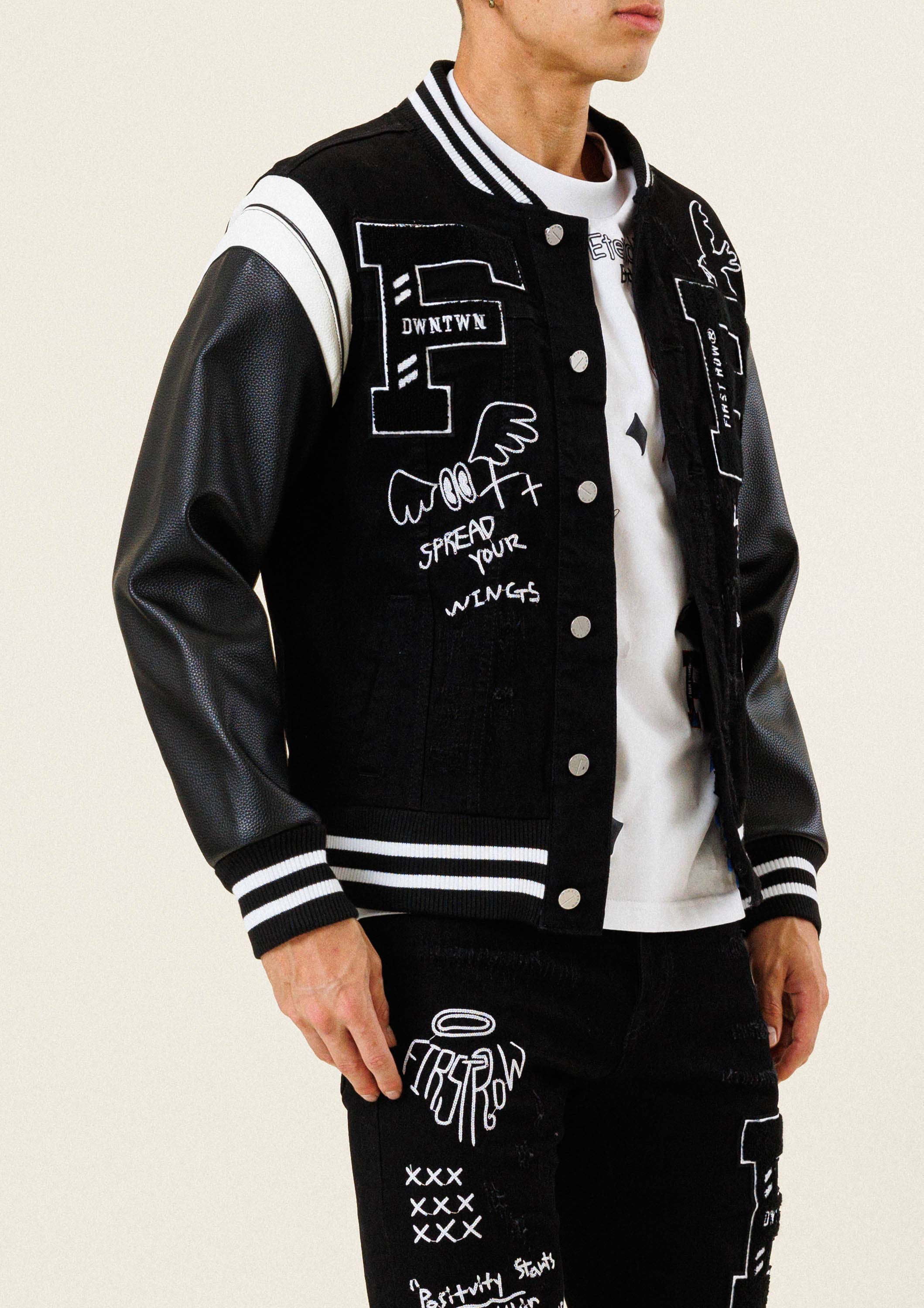 MULTI PATCH  VARSITY BLACK  DENIM JACKET