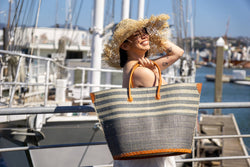 Image of Santa Cruz Two Tone Wide Stripes Large Beach Straw Tote Bag