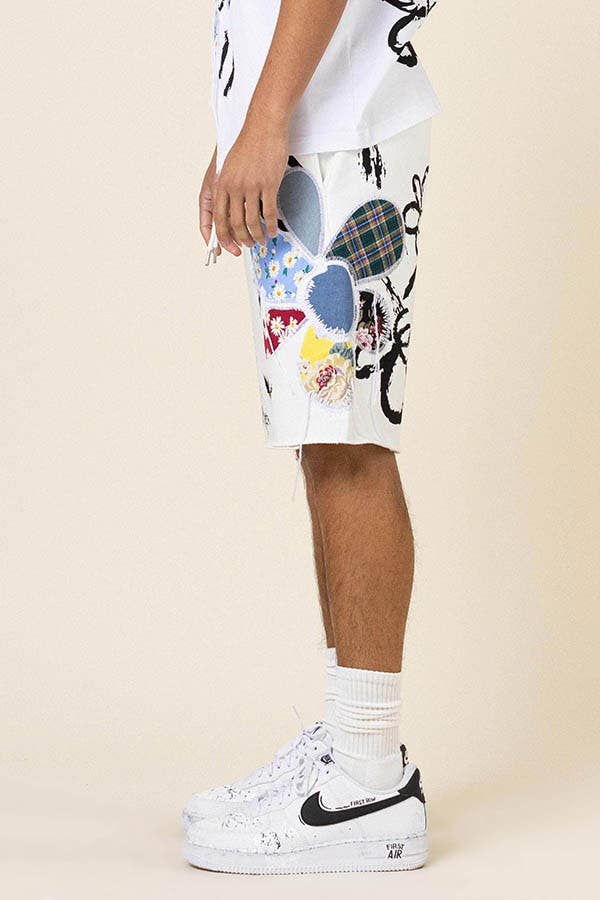 FLOWER&CHECK FABRIC  PATCHWORKED GRAPHIC SHORTS