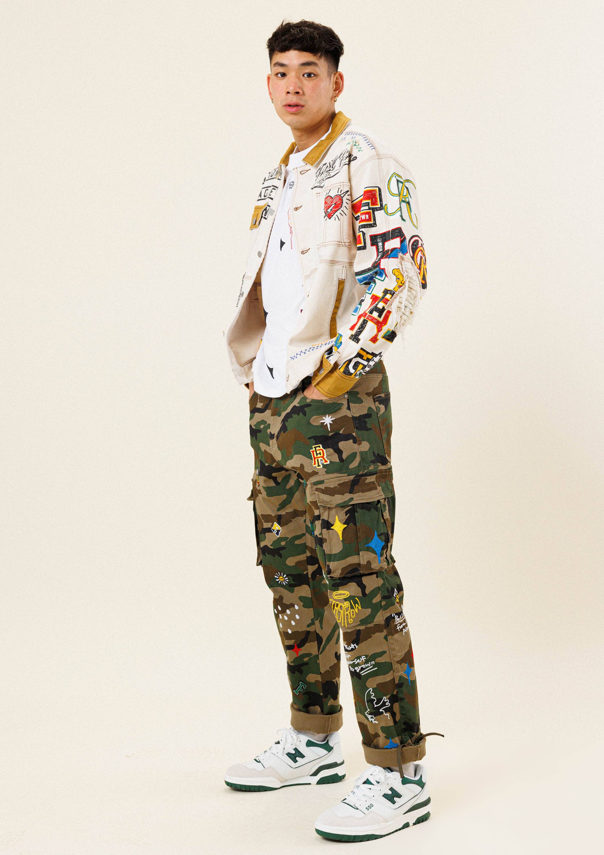 ALL OVER EMBROIDERE  LOOSE FIT CARGO  PANTS