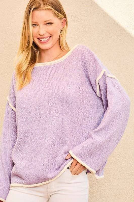 Contrast Pipping Oversize Solid Sweater