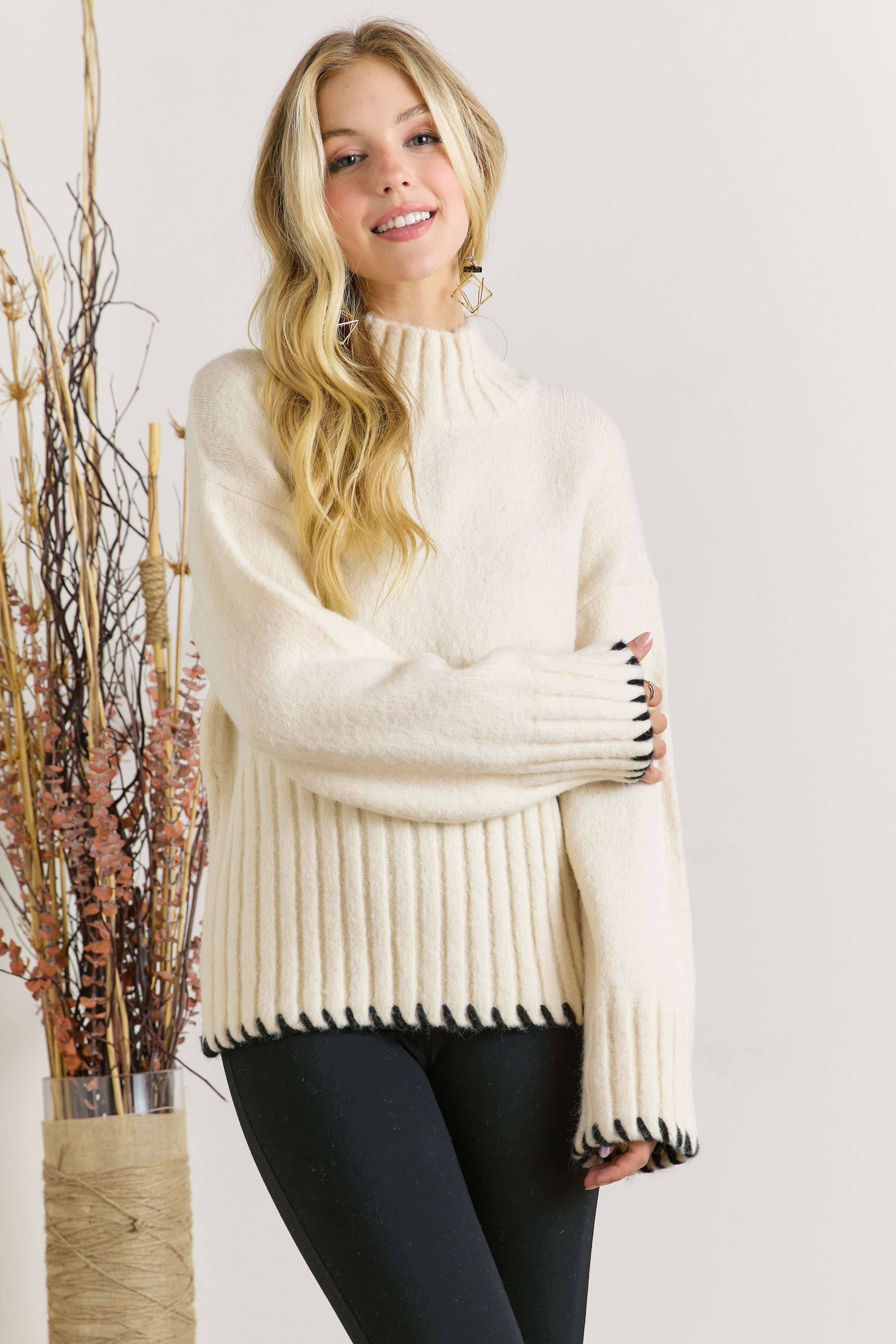 CESW2544 - MOCK NECK PUFFY SLEEVE SWEATER