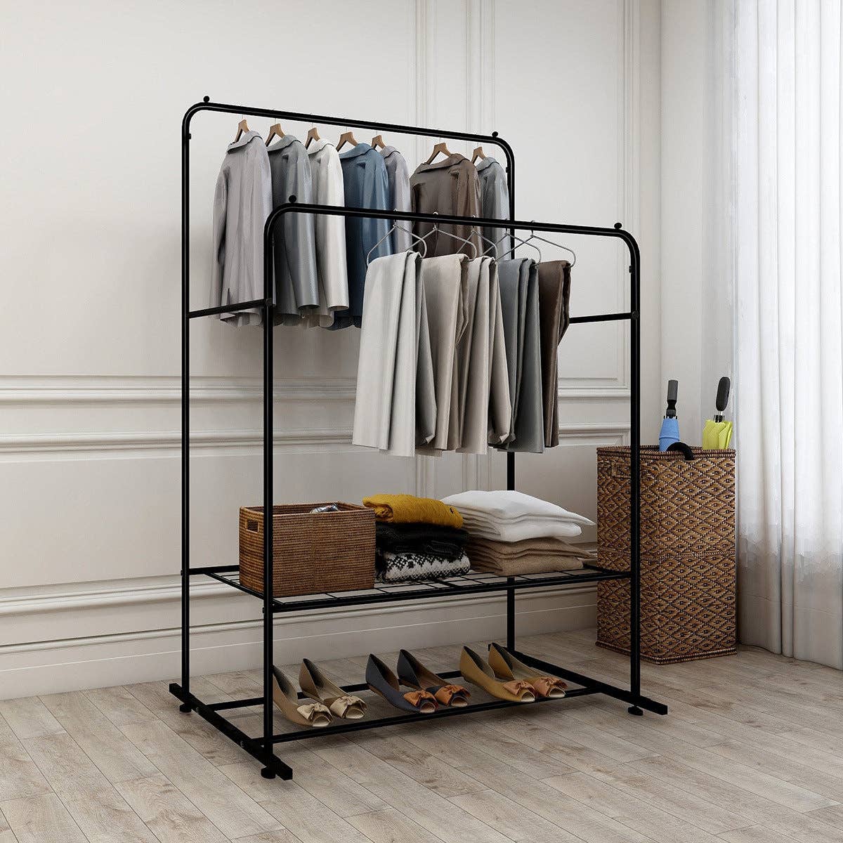 Freestanding Double Rods Clothing Garment Rack