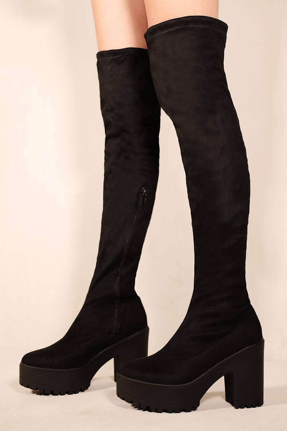 IRIS CHUNKY PLATFORM HEEL KNEE HIGH BOOTS IN BLACK SUEDE