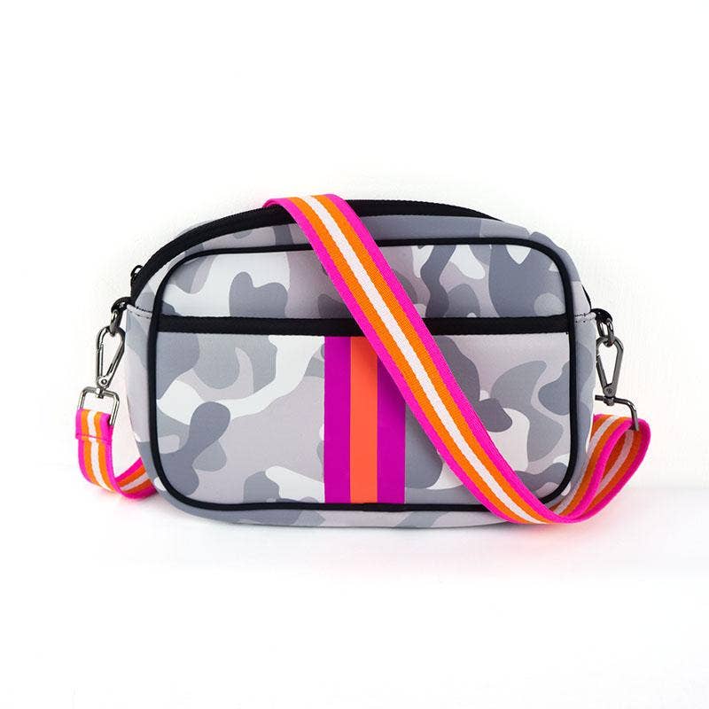 The Bianca Messenger Crossbody - Gray Camo with Pink Racer