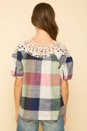 Lace Yoke Patch Top - Mauve Sage Navy