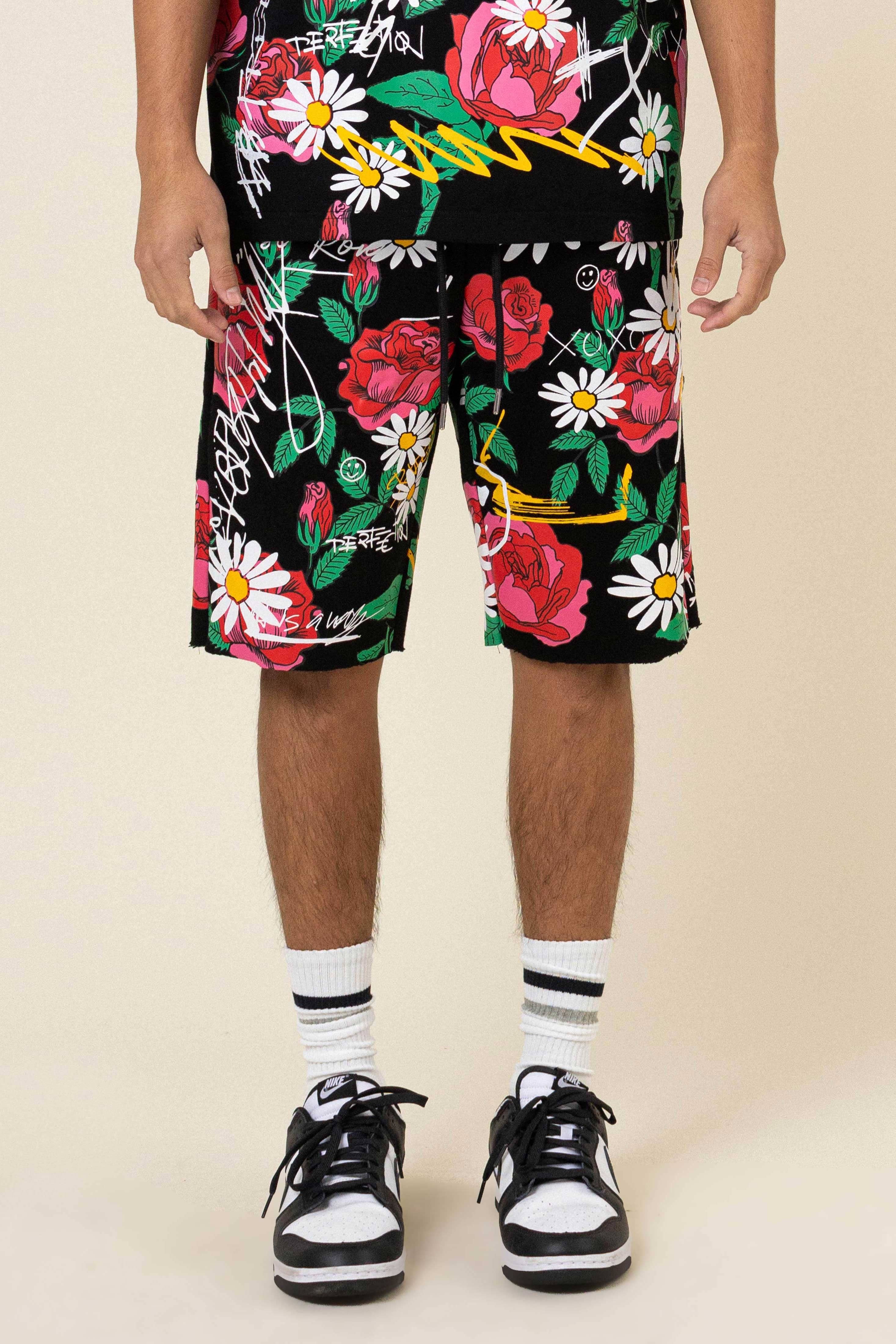 Allover rose bloom print shorts