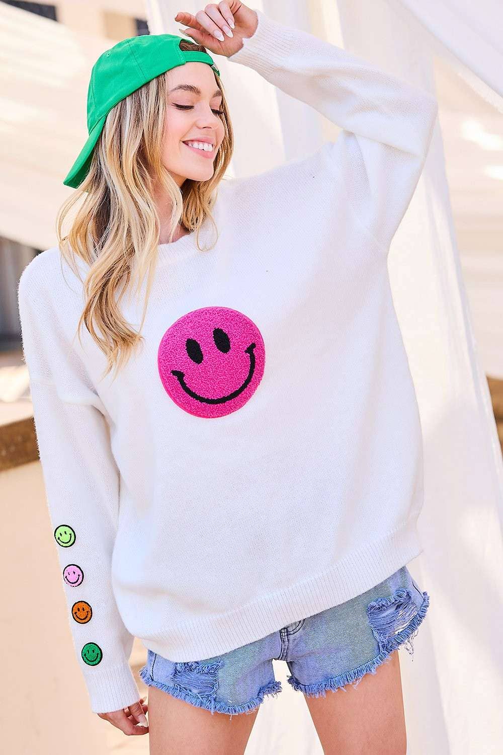 Round Neck Happy Face Patch Oversize Sweater