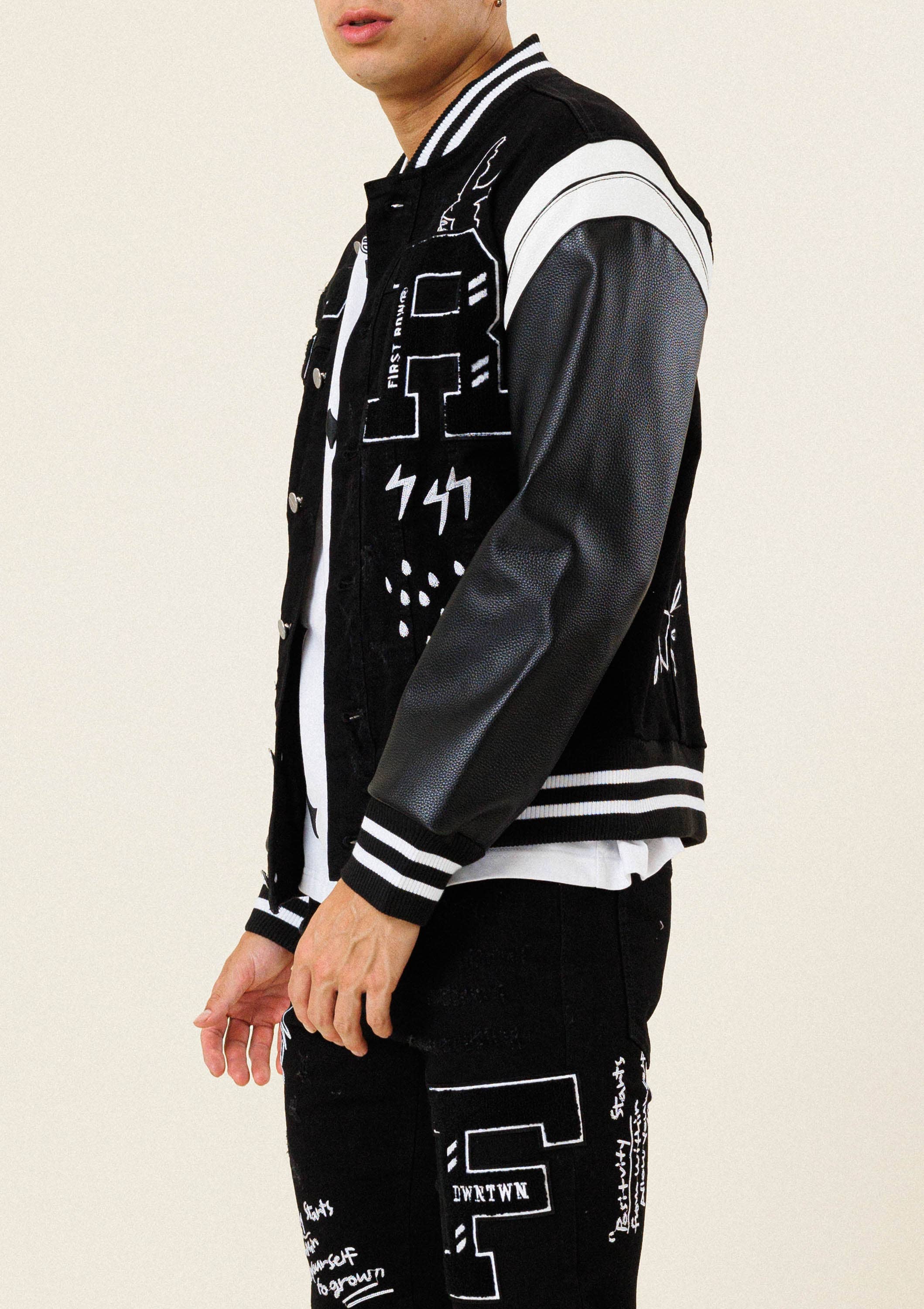 MULTI PATCH  VARSITY BLACK  DENIM JACKET