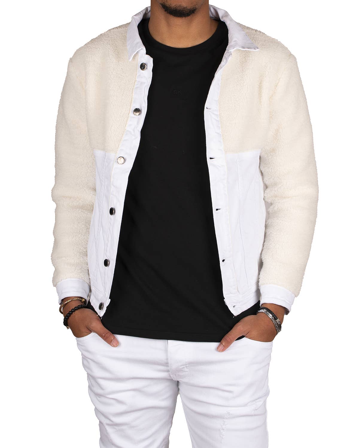 White Denim Jacket with Teddy Detail