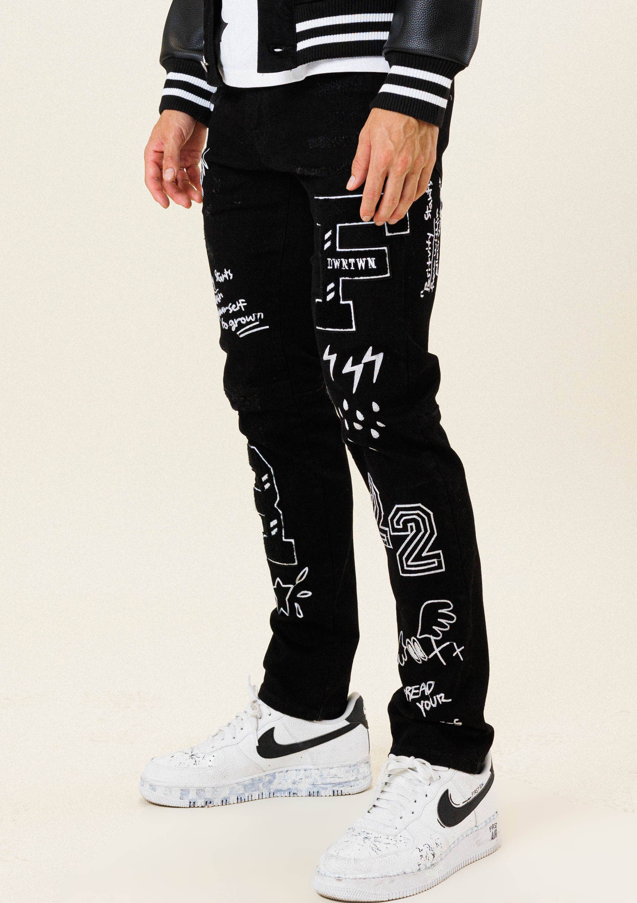 MULTI PATCH  SLIM FIT BLACK DENIM PANTS