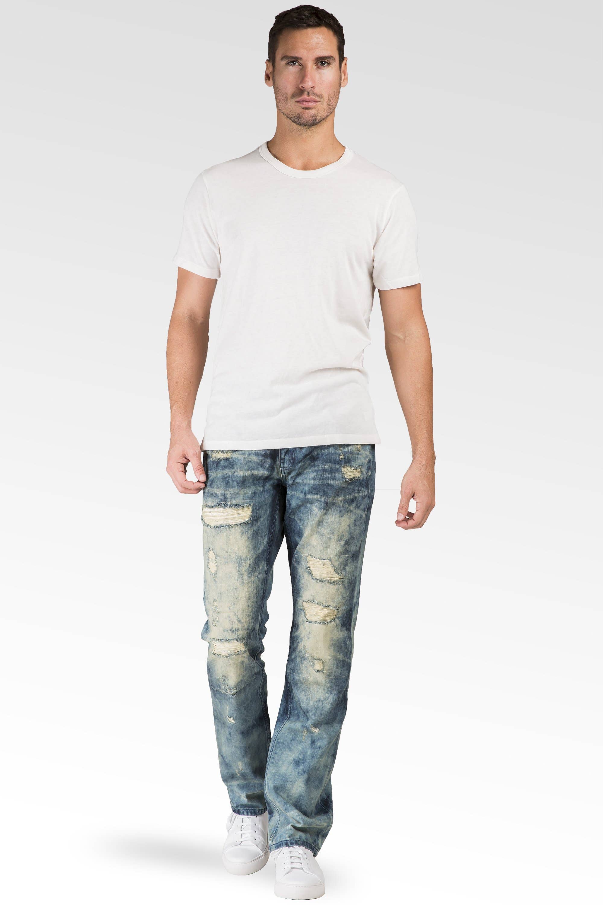 Slim Straight Khaki Tint Destroyed & Mended Denim