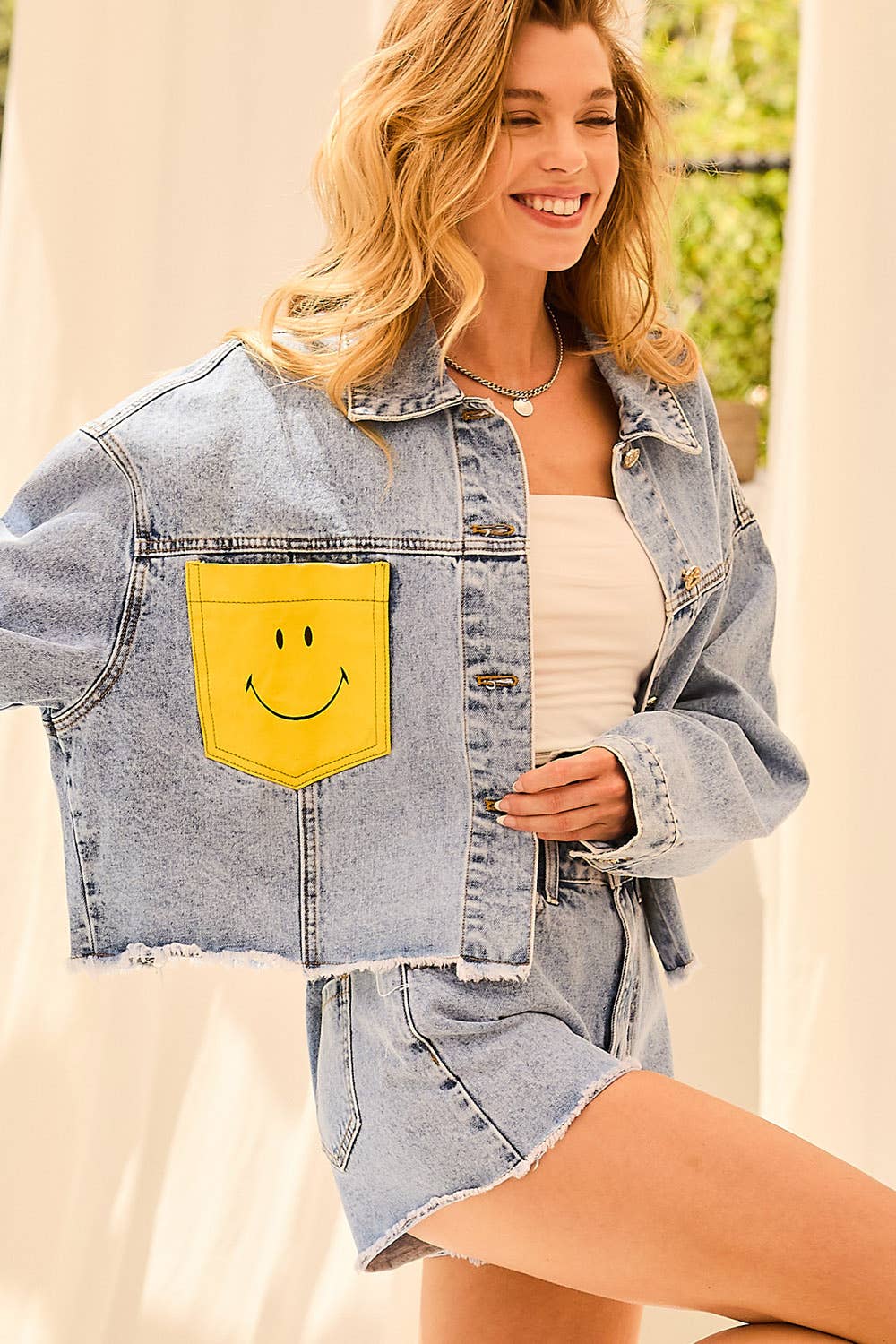 Happy Face Print Pocket Denim Crop Jacket