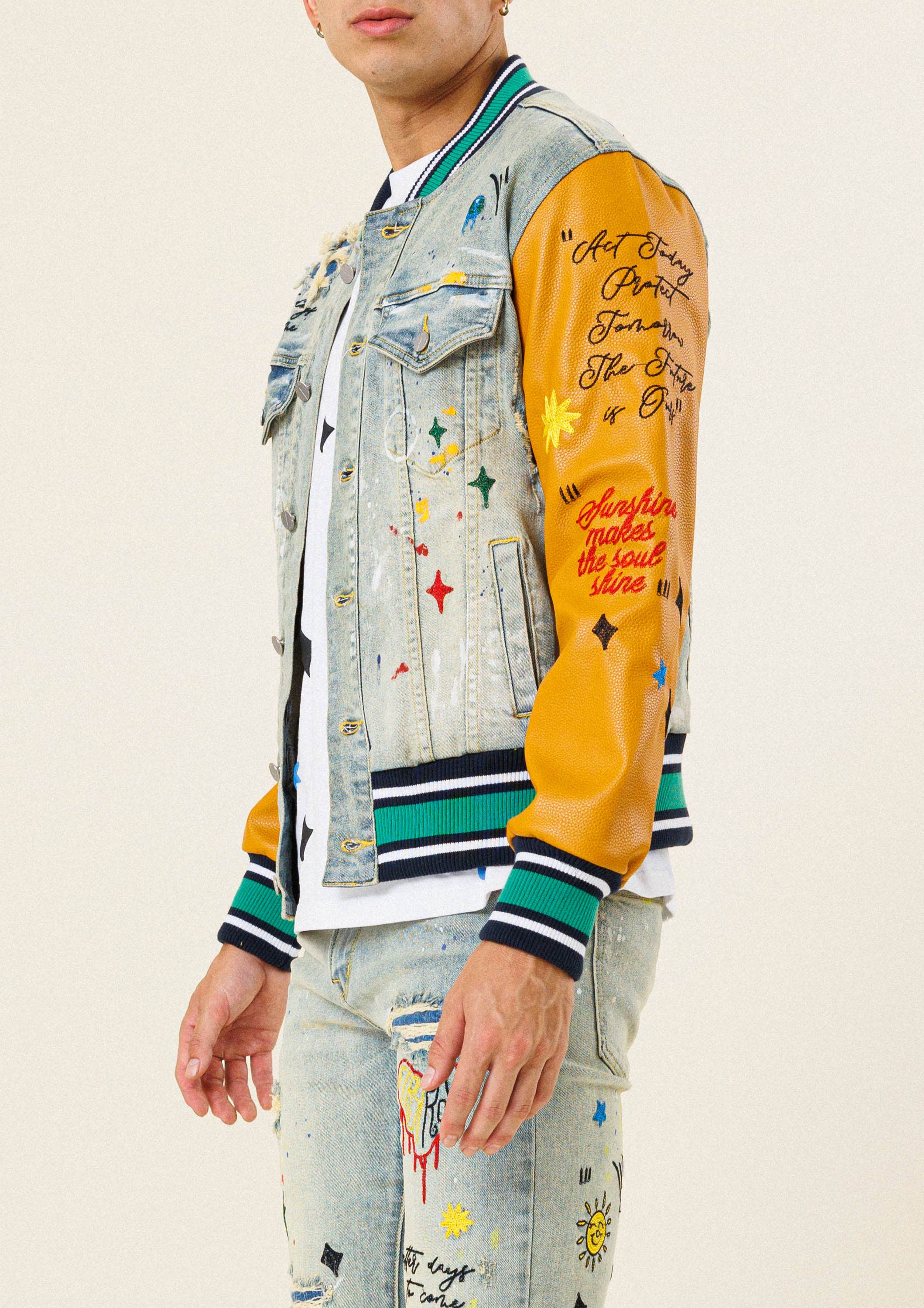 ALL OVER EMBROIDERED VARSITY  DENIM JACKET