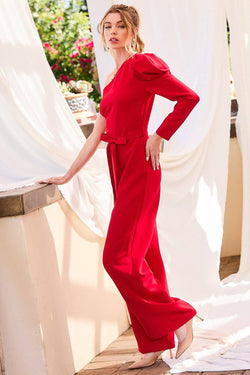 Image of One Shoulder Puff Sleeve  Solid Jumpsuit