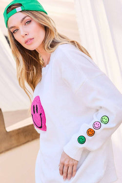 Image of Round Neck Happy Face Patch Oversize Sweater