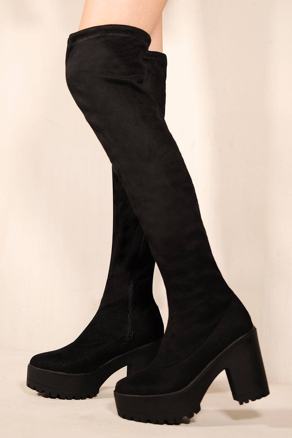 IRIS CHUNKY PLATFORM HEEL KNEE HIGH BOOTS IN BLACK SUEDE