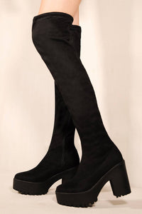 IRIS CHUNKY PLATFORM HEEL KNEE HIGH BOOTS IN BLACK SUEDE
