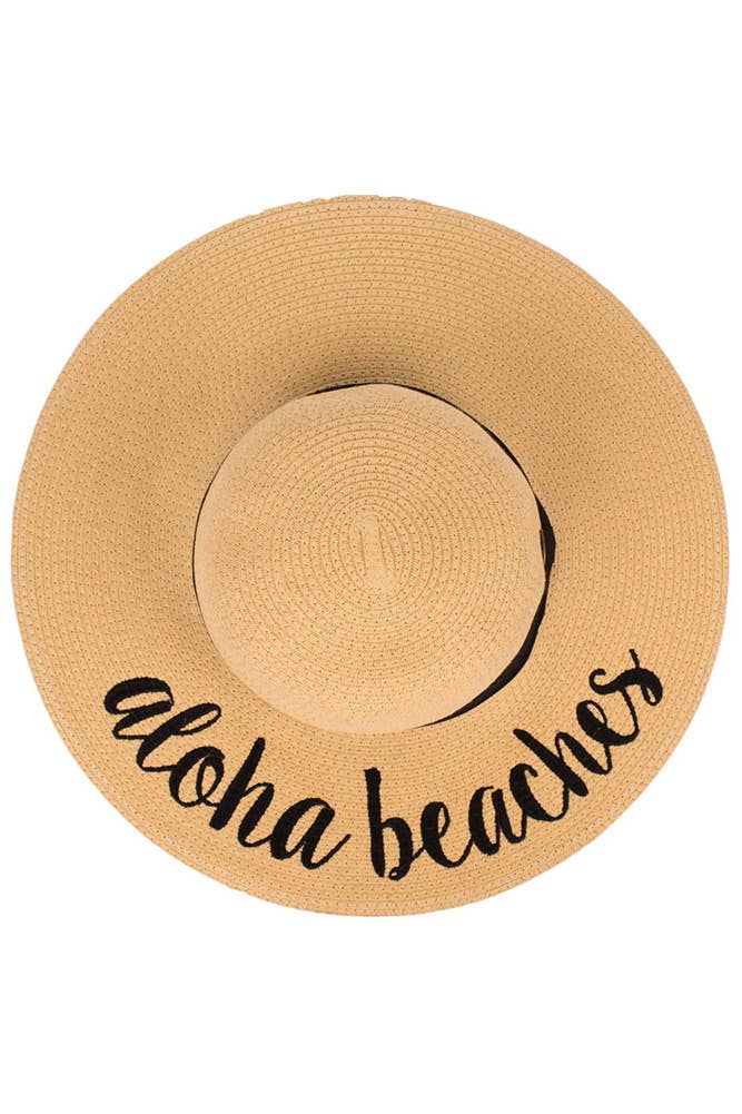 C.C Spring Summer Lettering Straw Brim Hat with Ribbon Band: Aloha Beaches