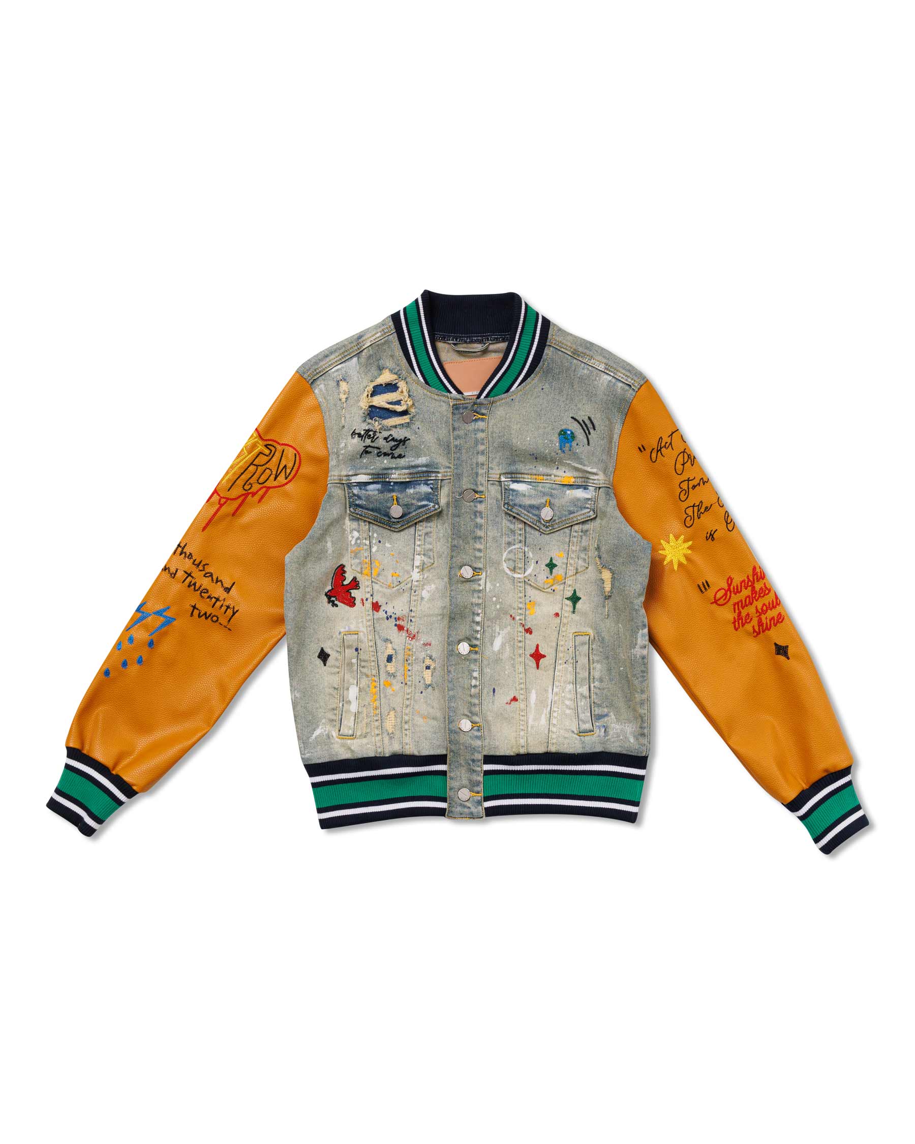 ALL OVER EMBROIDERED VARSITY  DENIM JACKET