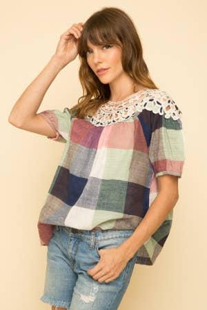 Lace Yoke Patch Top - Mauve Sage Navy