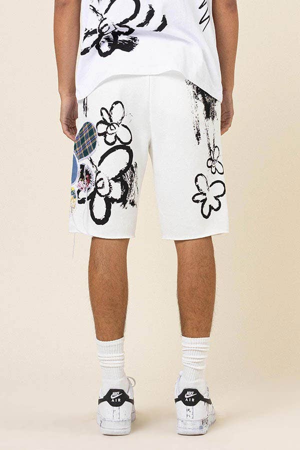 FLOWER&CHECK FABRIC  PATCHWORKED GRAPHIC SHORTS