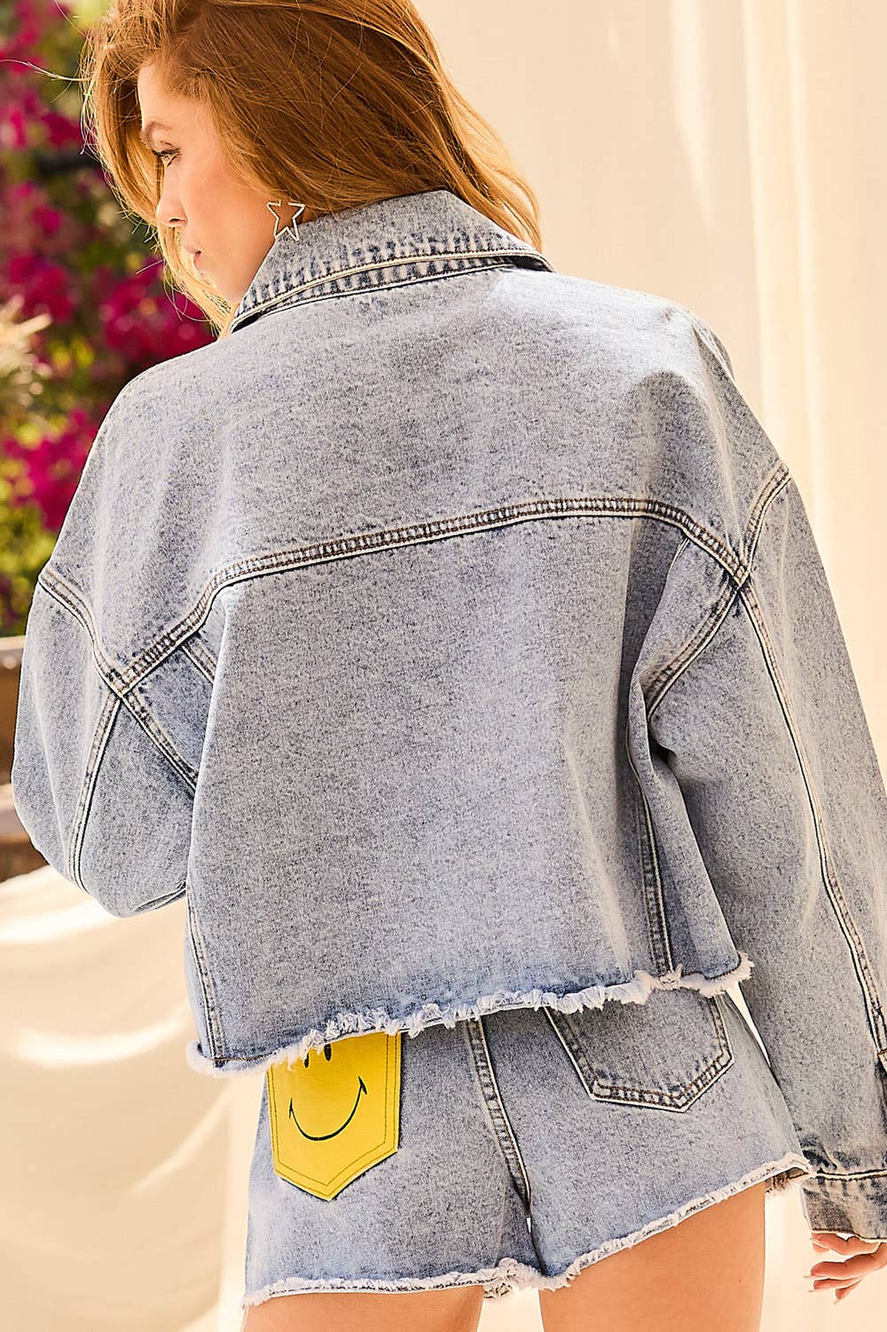 Happy Face Print Pocket Denim Crop Jacket