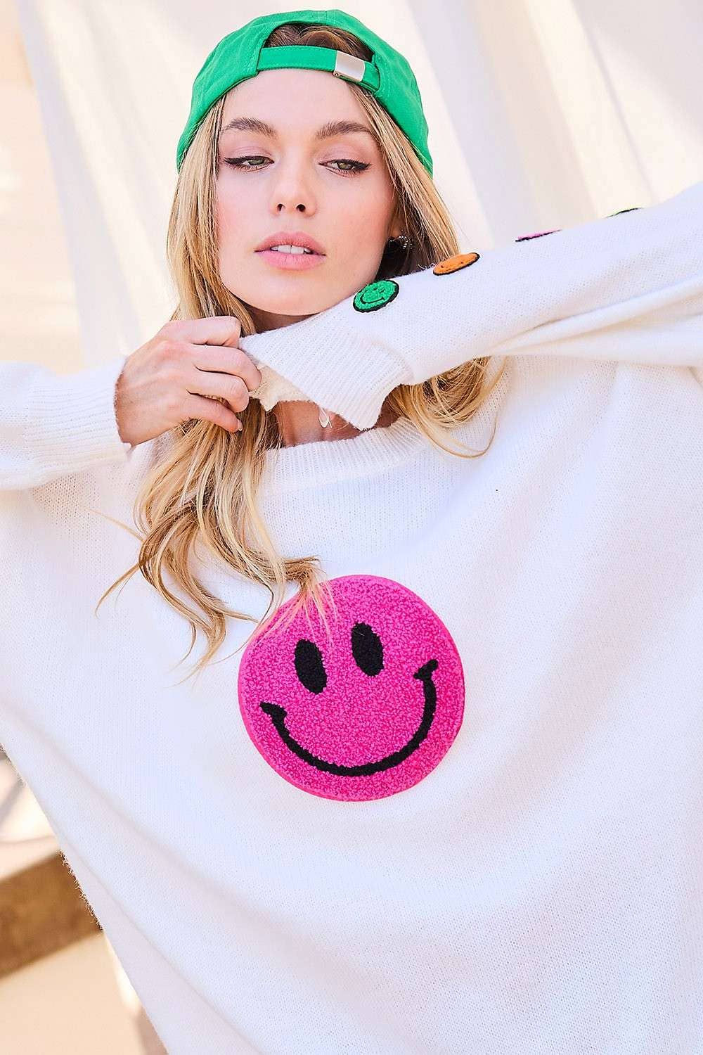 Round Neck Happy Face Patch Oversize Sweater