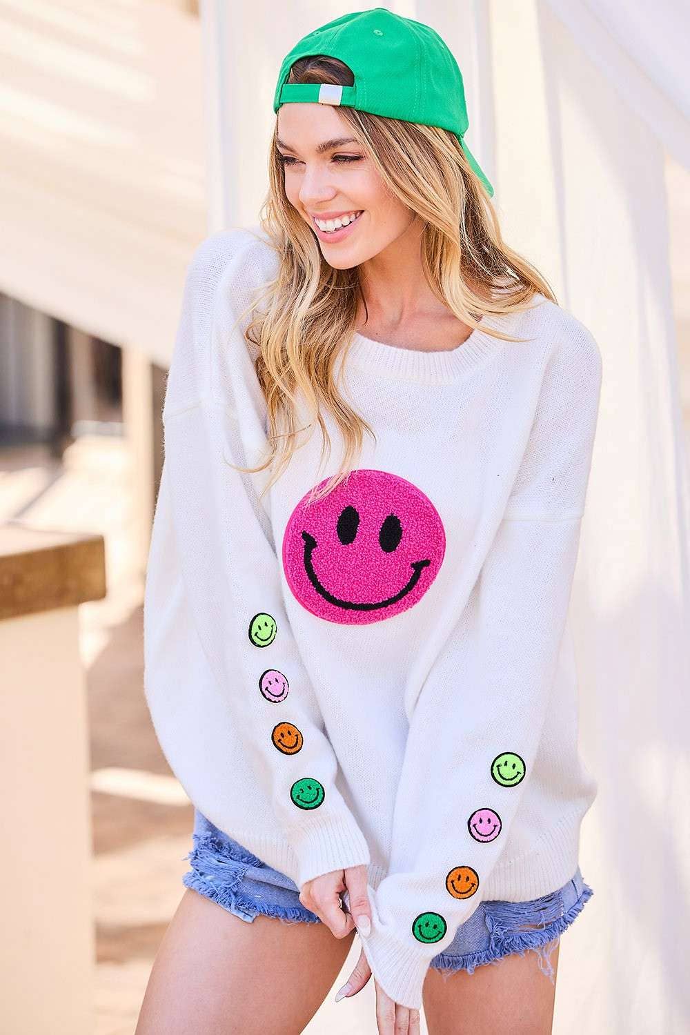 Round Neck Happy Face Patch Oversize Sweater