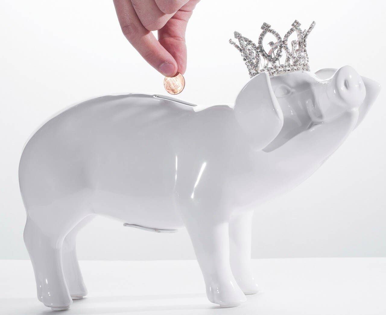 White Piggy Bank with Tiara - 10.5" long