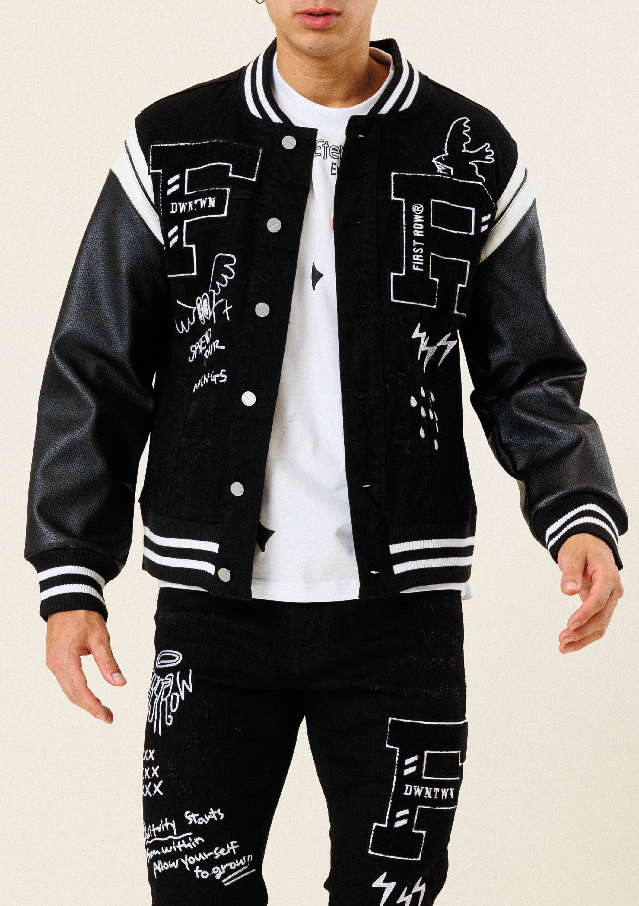 MULTI PATCH  VARSITY BLACK  DENIM JACKET