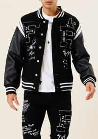MULTI PATCH  VARSITY BLACK  DENIM JACKET