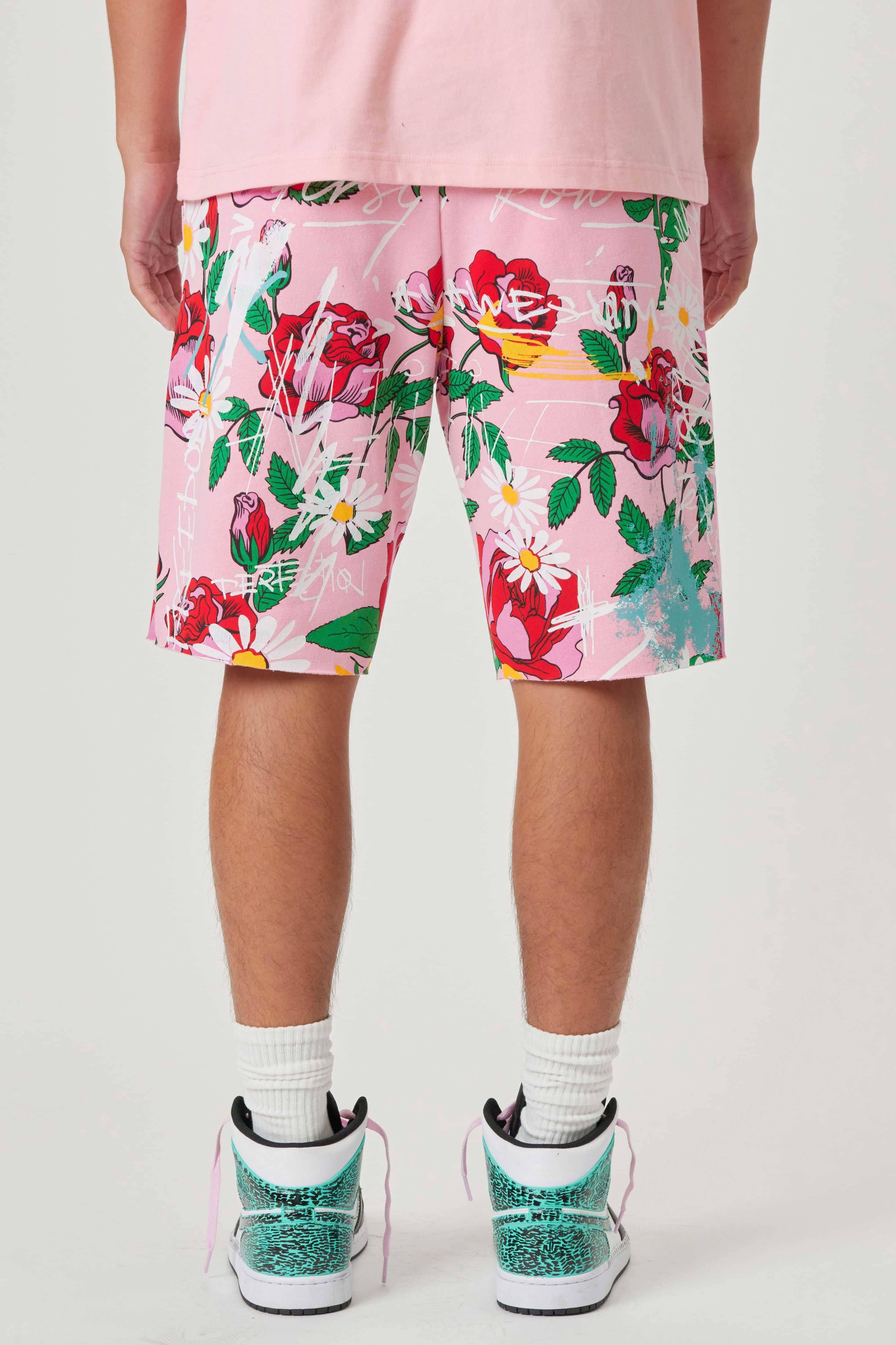 Allover rose bloom print shorts