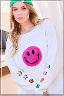 Image of Round Neck Happy Face Patch Oversize Sweater