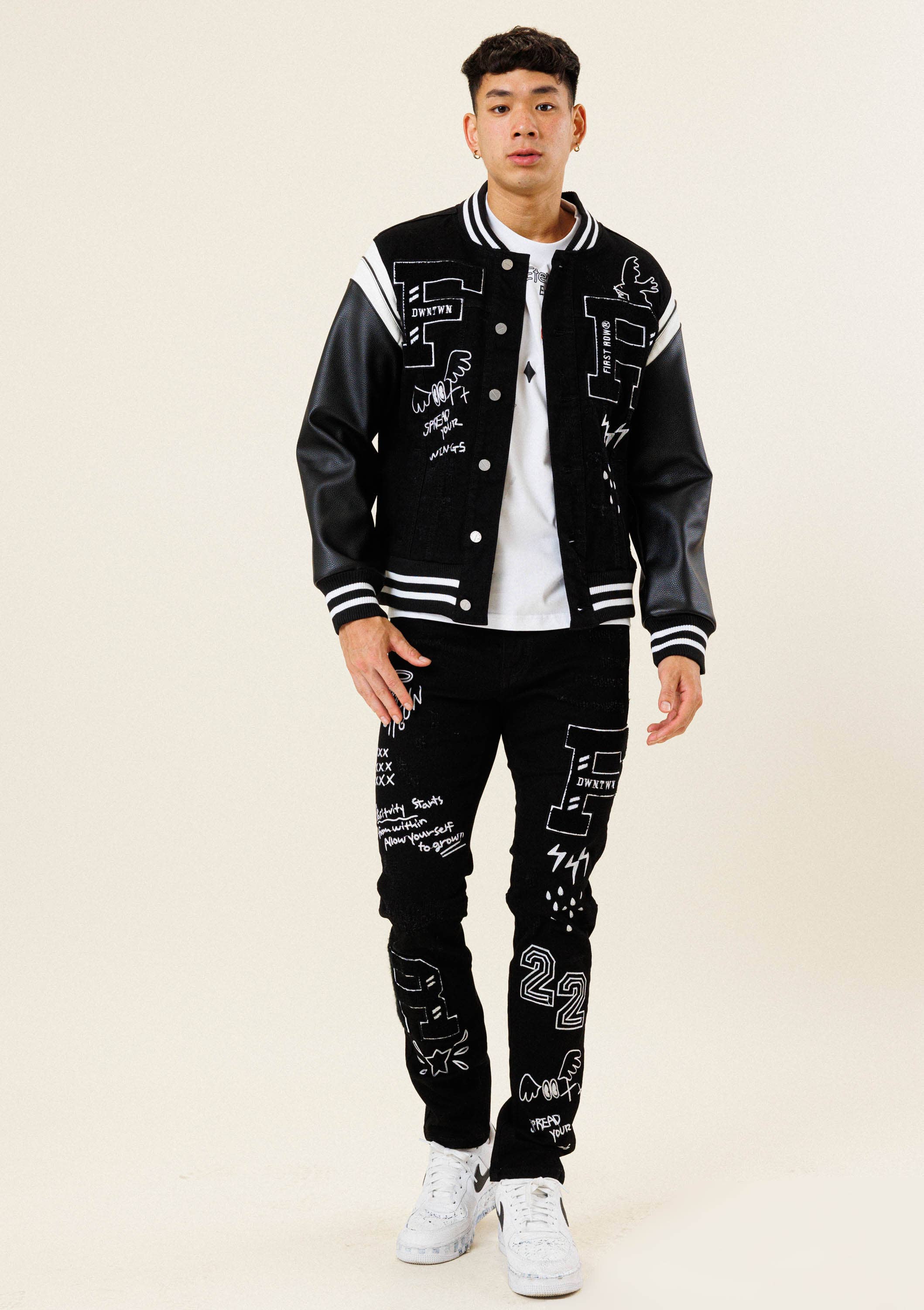 MULTI PATCH  VARSITY BLACK  DENIM JACKET