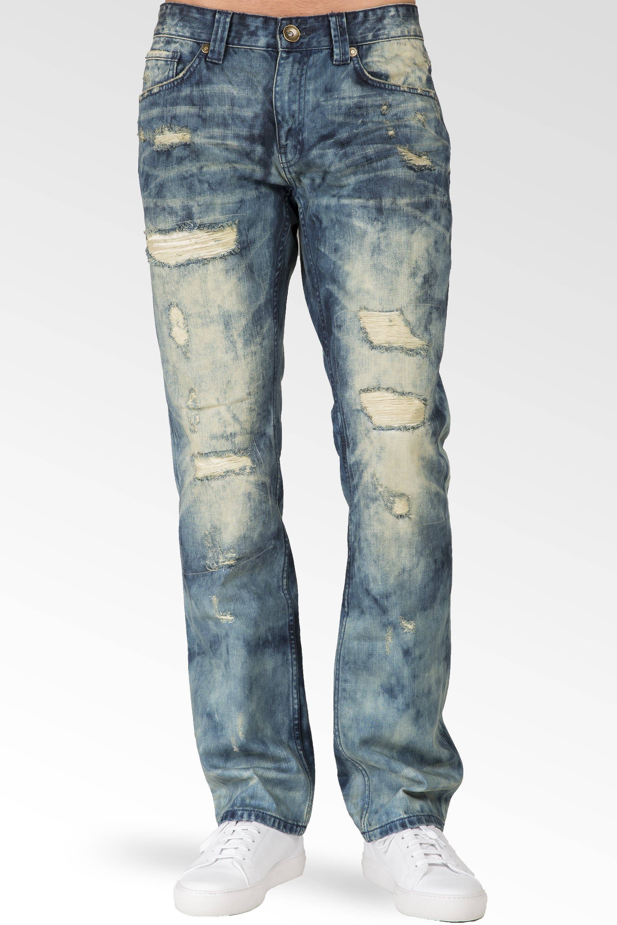 Slim Straight Khaki Tint Destroyed & Mended Denim