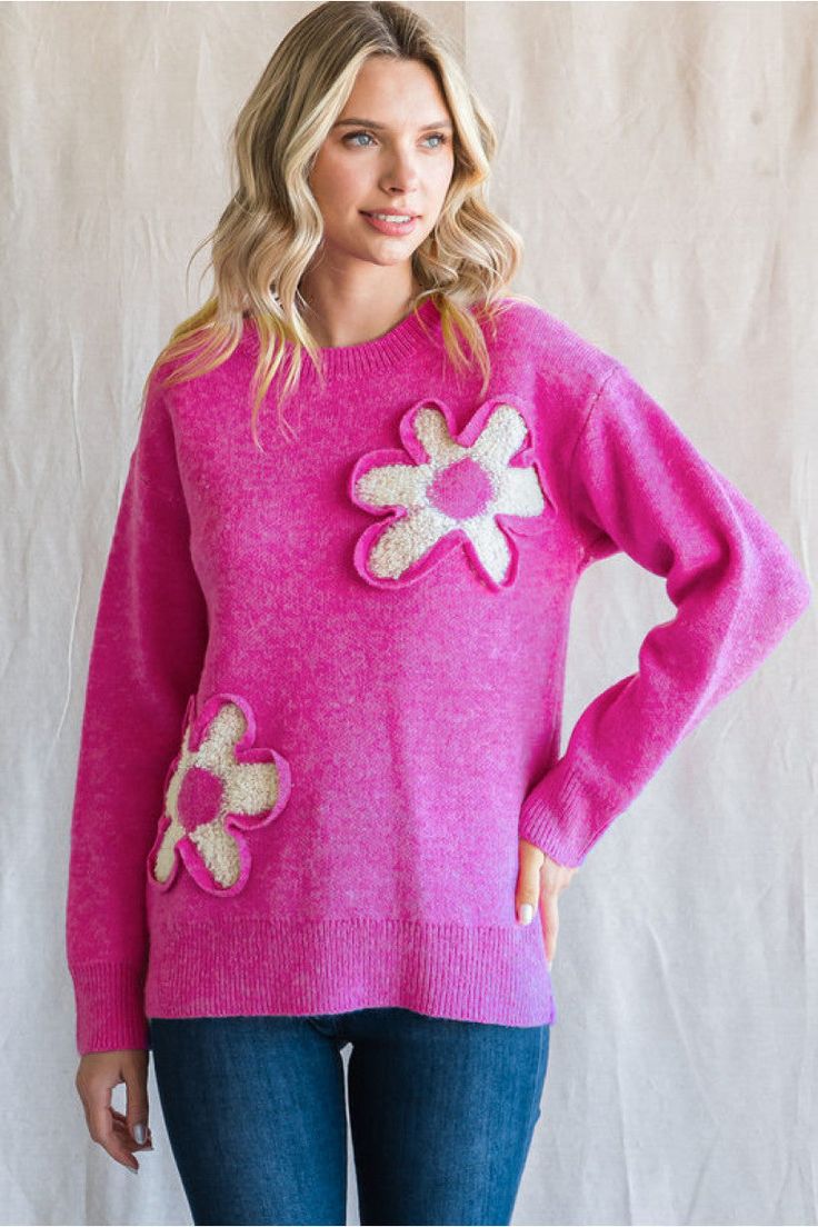 Round Neck With Flower Contrast Sweater: PINK