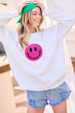 Image of Round Neck Happy Face Patch Oversize Sweater