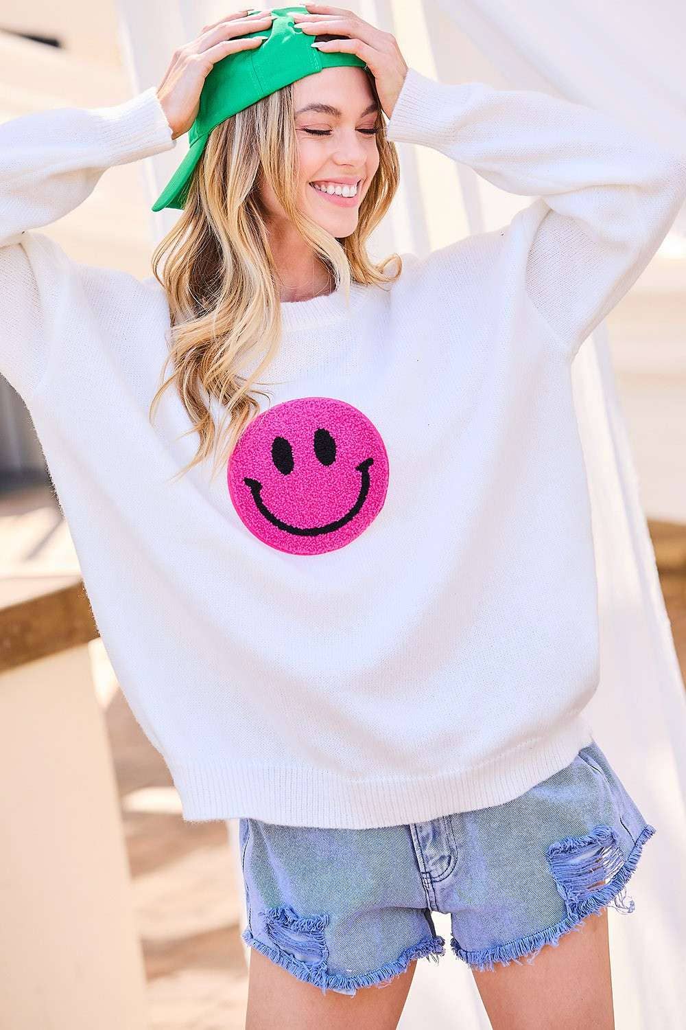 Round Neck Happy Face Patch Oversize Sweater