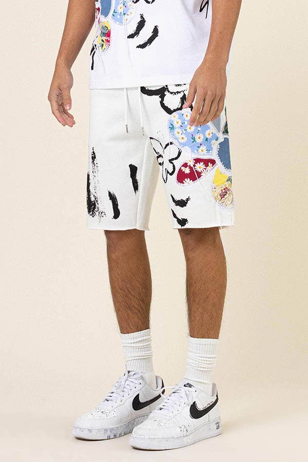 FLOWER&CHECK FABRIC  PATCHWORKED GRAPHIC SHORTS