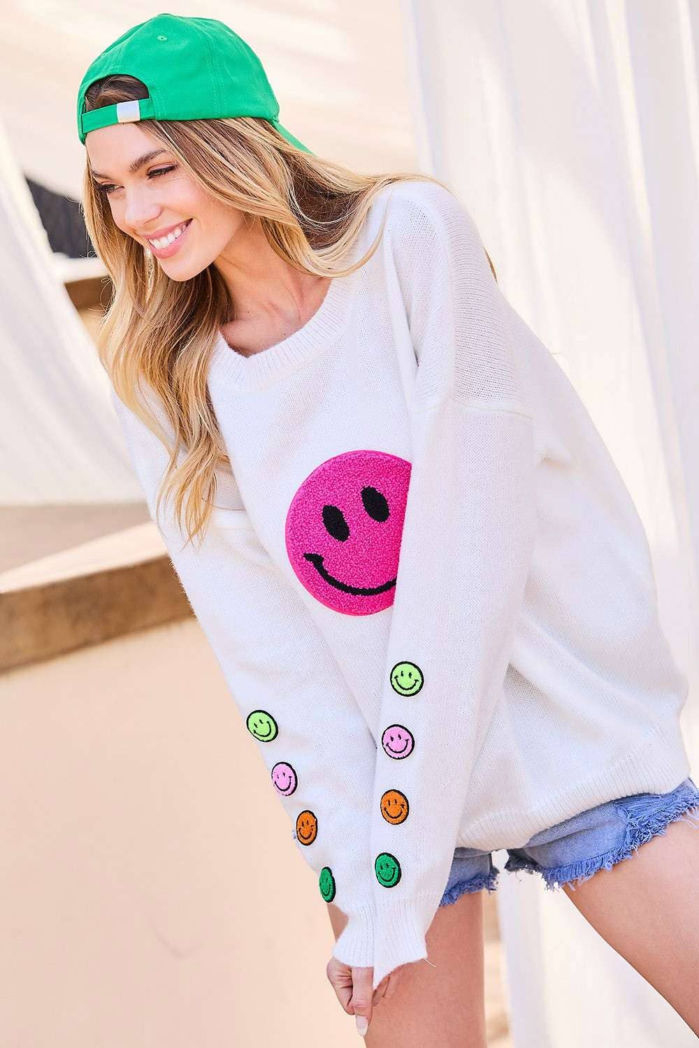 Round Neck Happy Face Patch Oversize Sweater