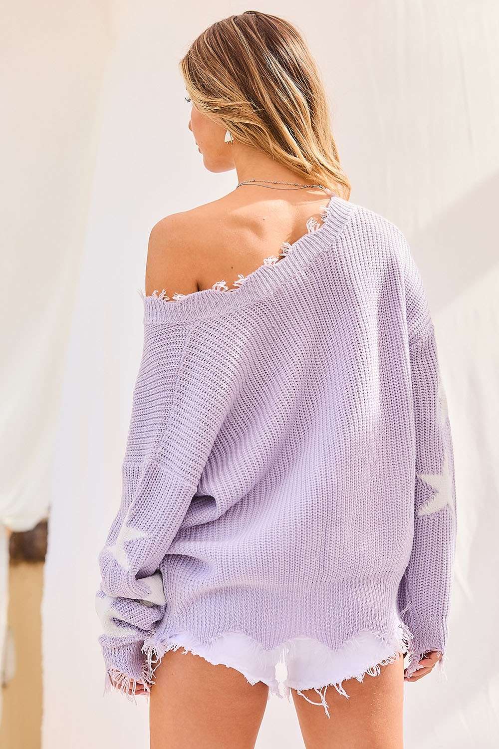 V-Neck Frayed Edge Star Print Sweater