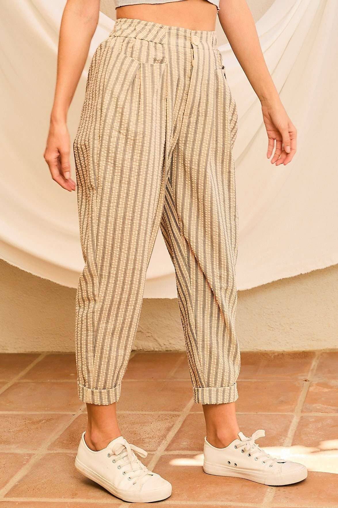 Band Waist Zipper Front Pockets Stripe Pants